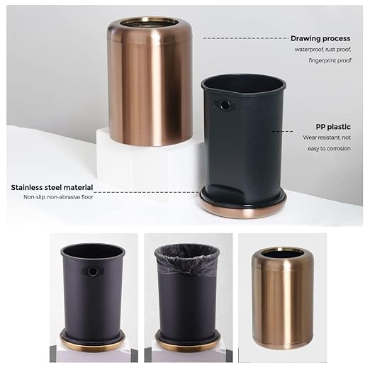 10L/2.6GAL Brushed Stainless Steel Trash can,Open Top Wastebasket Bin,Garbage Can for Bathroom,Living Room,Office,Kitchen,Bedroom,Hotel (Rose Gold)
