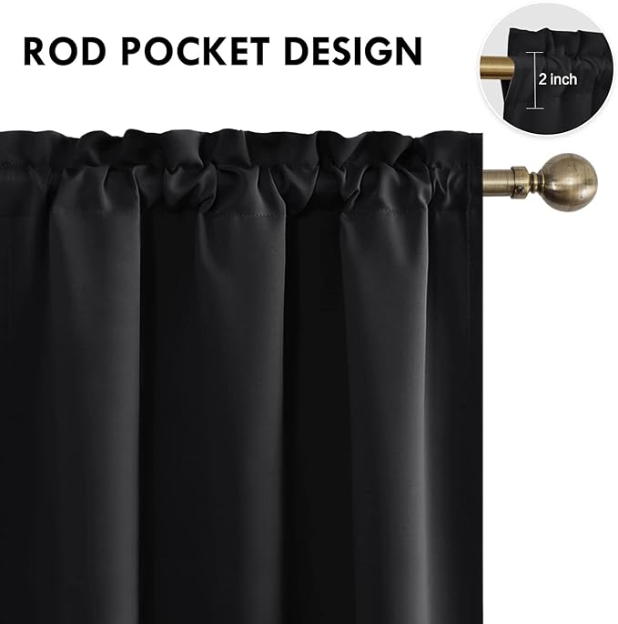 DWCN Blackout Curtains – Thermal Insulated, Energy Saving & Noise Reducing Bedroom and Living Room Curtains, Black, W 42x L 63 Inch, Set of 2 Rod Pocket Curtain Panels