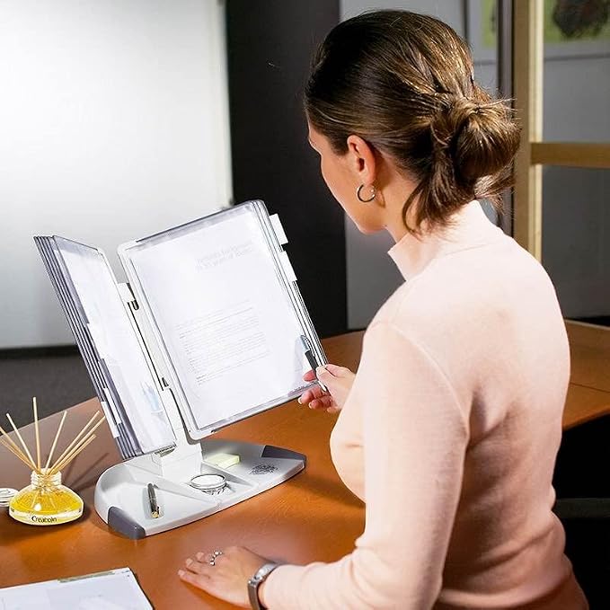 Tarifold Modular Desktop Reference System, 10 Pockets, Expandable, Gray | 10 double-sided polypropylene pockets hold 20 letter-size sheets, sturdy gray base, quick-find indexing, easy to assemble
