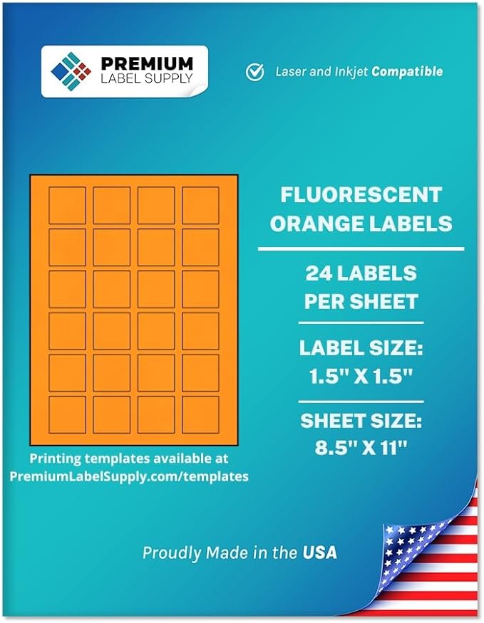 Premium Label Supply Bright Neon Color Fluorescent Sticker Labels - 1.5" x 1.5" Square Labels - (Fluorescent Orange, 24,000 Labels)