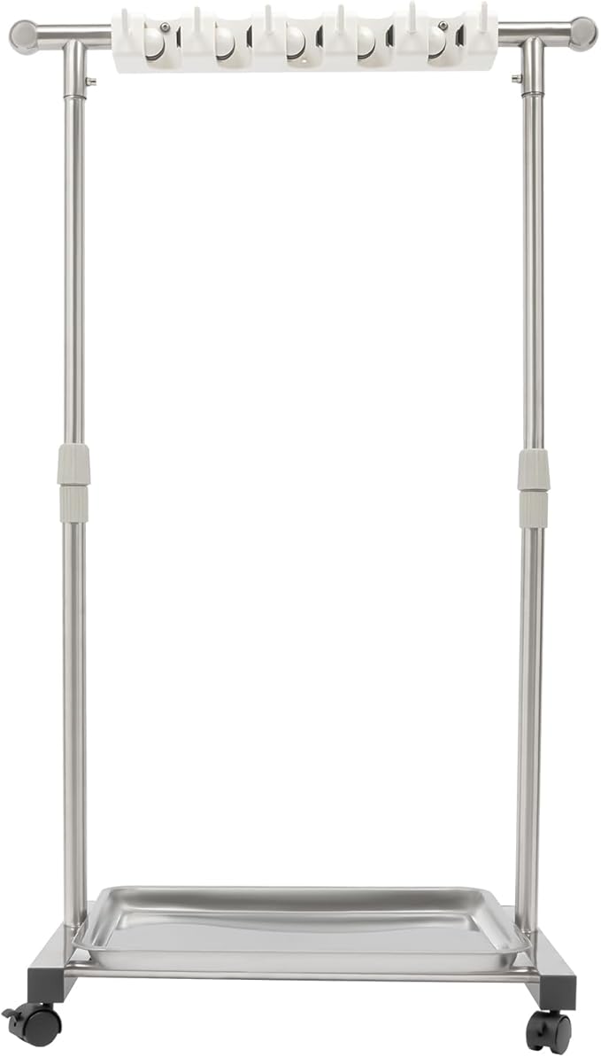 Broom Mop Holder, Movable Put Wet Mops Broom Floor Standing Cleaning Tool Rack 6 Hook and 5 Slots, Stainless Steel Cleaning Supplies Organizer for Home Schools Hospitals Factories Hotels Restaurant