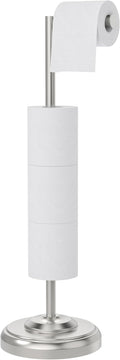 Toilet Paper Holder Stand with Storage – 4 Extra Rolls –Brushed Nickel Toilet Paper Holder for Bathroom – Sturdy Base, Classic Retro Style, Space-Saving Bathroom Storage Organizer, Sliver