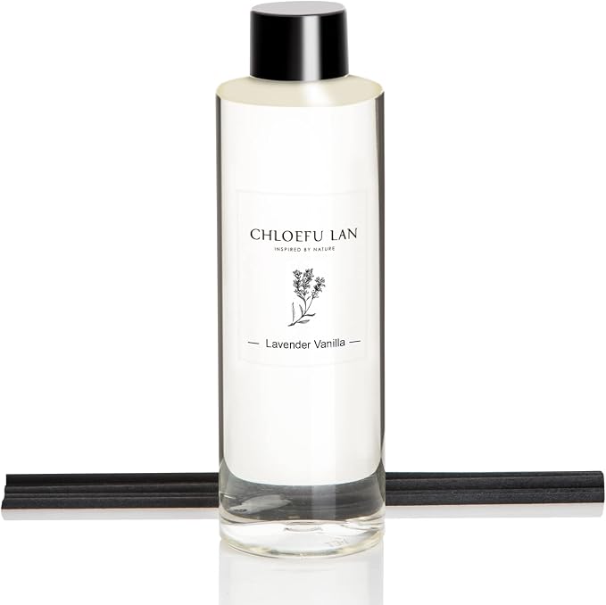 Chloefu LAN Lavender Reéd Diffuser Refill 200ml/6.76 fl oz Natural Essential Lavender Scented Oil - Best for Aromatherapy, SPA and Home, 0% Alcohol, Fresh & Long Lasting, Free Set of Diffuser Sticks