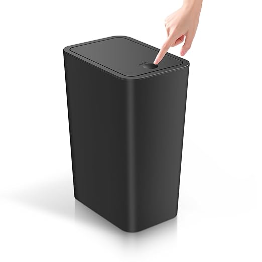 TIPGO Bathroom Trash Can with Lid, 4 Gallon / 15 Liter Small Garbage Can, Press Top Bin, Plastic Wastebasket with Pop-Up Lid for Bedroom, Living Room, Office (Black)