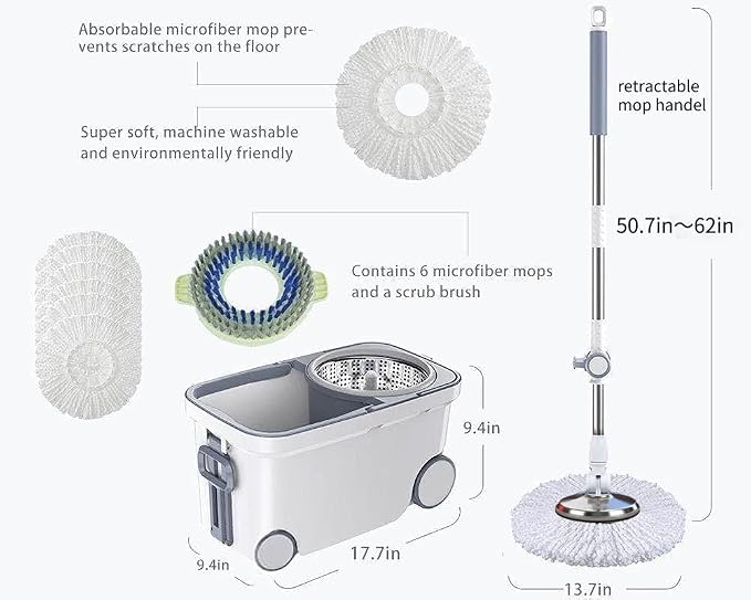 Michao Spin Mop Bucket Deluxe 360 Spinning Floor Cleaning System with 6 Microfiber Replacement Head Refills,62" Extended Handle,4X Wheel for Home Cleaning