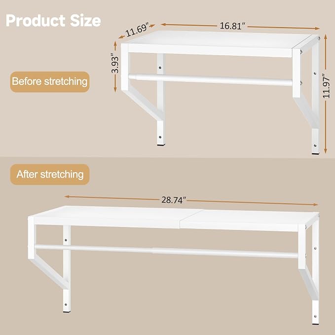 ThreeHio Expandable Closet Shelves Wall Mounted, 2 Pack Closet Shelving with Hanging Rods, Wall Shelving for Walk-in Closet, Hanging Shelves Organizer and Storage for Closet, Laundry