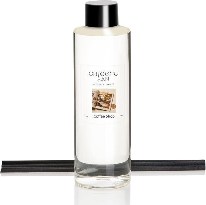 Chloefu LAN Coffee Shop Reéd Diffuser Refill 200ml/6.76 fl oz, Natural Essential Scented Oil, Best for Aromatherapy, SPA and Home, 0% Alcohol, Free Set of Sticks
