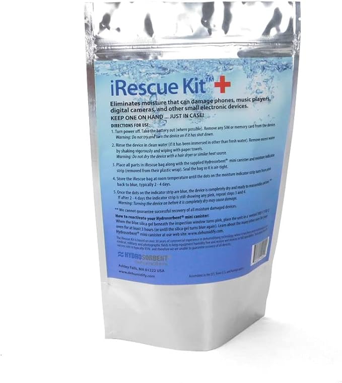HYDROSORBENT® iRescue Wet Phone Fix | Wet Phone Rescue Pouch Kit for Water Damaged Phones. Rechargeable Moisture Eliminator Kit w/ Mini Dehumidifier Canister, Humidity Indicator Card & Vapor Barrier Bag