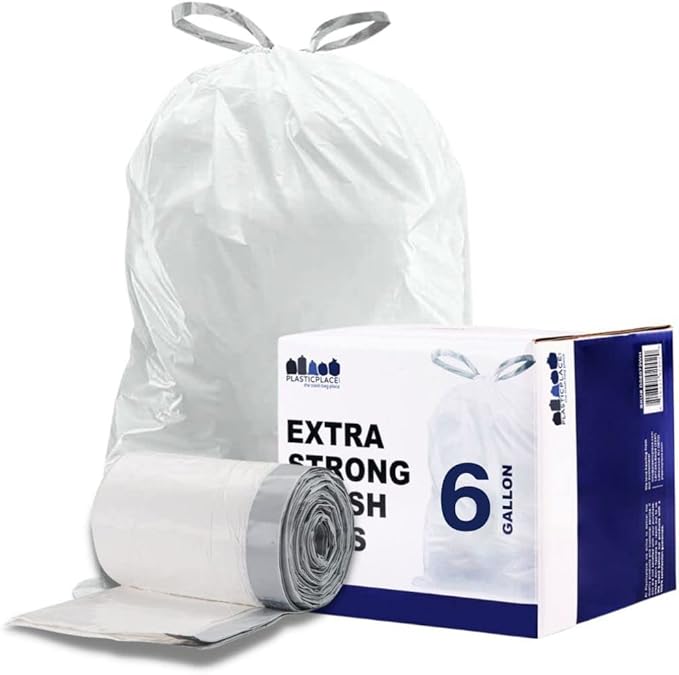 Plasticplace 6 Gallon Trash Bags White Drawstring Garbage Can Liners, 17” x 20”, 100 Count, for Bathroom Kitchen Office Car Small Trash Bags, Leak-Proof & Tear-Resistant