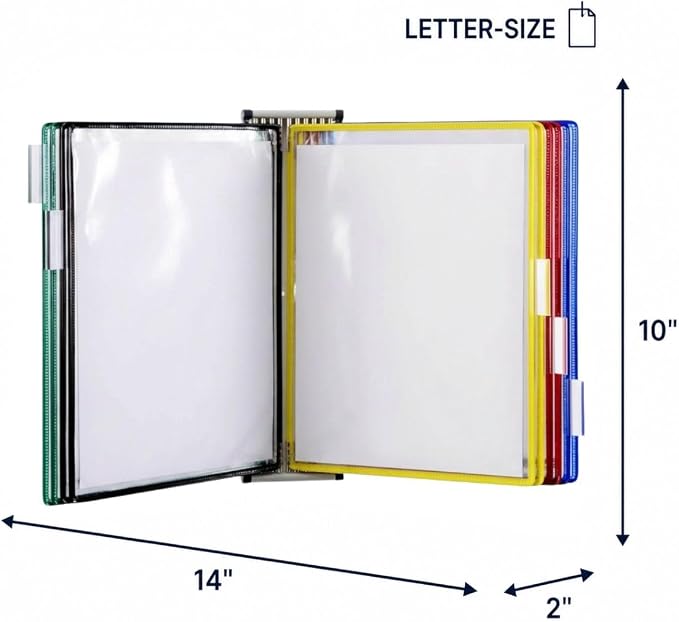 Tarifold 10 Pocket Wall Mount Reference System, Expandable, Assorted Colors | 10 PVC pockets hold 20 letter-size sheets, metal wall bracket, index tabs, easy to install