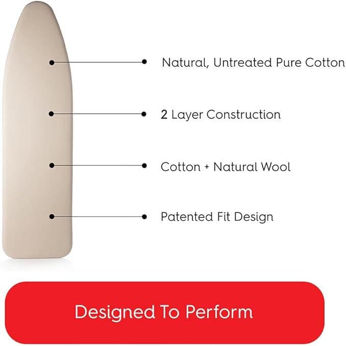 TIVIT Ironing Board Cover 14 x 49 Small Chemical Free Eco-Friendly Padded Covers - Unbleached, Untreated Natural Cotton & Wool Pad - 2 Layer, 3 Fastener Straps, Pull Bungee Cord - Made in Italy