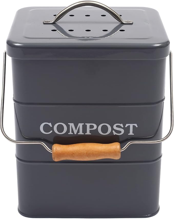Compost Bin Kitchen Countertop Indoor Compost Pail Bucket, Great for Food Scraps, Carbon Steel, Handles, Gray, 1 Gallon - Includes Charcoal Filter