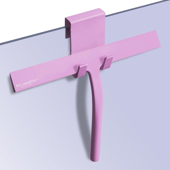 Shower Squeegee with Silicone Hook, 11" Inch Width All Purpose Squeegee Wiper for Shower Glass Doors Bathroom Mirror Tiles Car Window Cleaner Tool - Pink