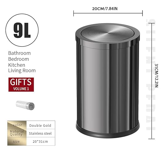 Stainless Steel Trash can,Bathroom Trash can with lid，Small Trash Can with Flipping Lid, 9 L,Garbage cans for Kitchen，Living Room. Metallic Gold (Gun Gery)