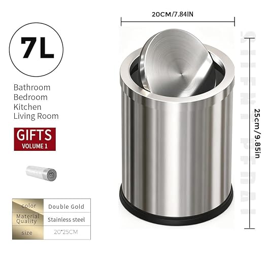 7L/1.8GAL Stainless Steel Trash can,Bathroom Trash can with lid,Small Trash Can with Flipping Lid, Mini Garbage cans for Kitchen，Living Room. Metallic Gold (7L-Silver)