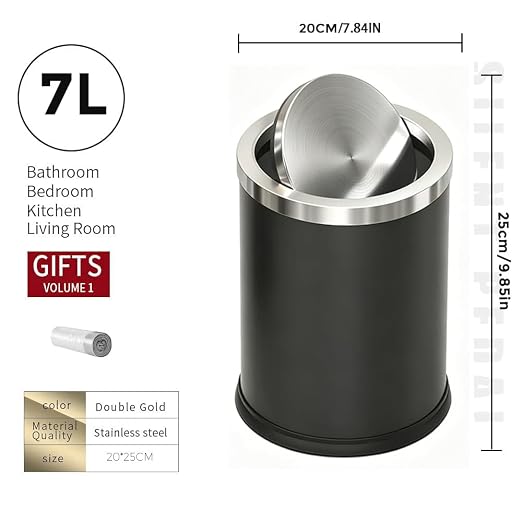 7L/1.8Gal Stainless Steel Trash can,Bathroom Trash can with lid,Small Trash Can with Flipping Lid, Mini Garbage cans for Kitchen，Living Room. Metallic Gold (7L-Black)