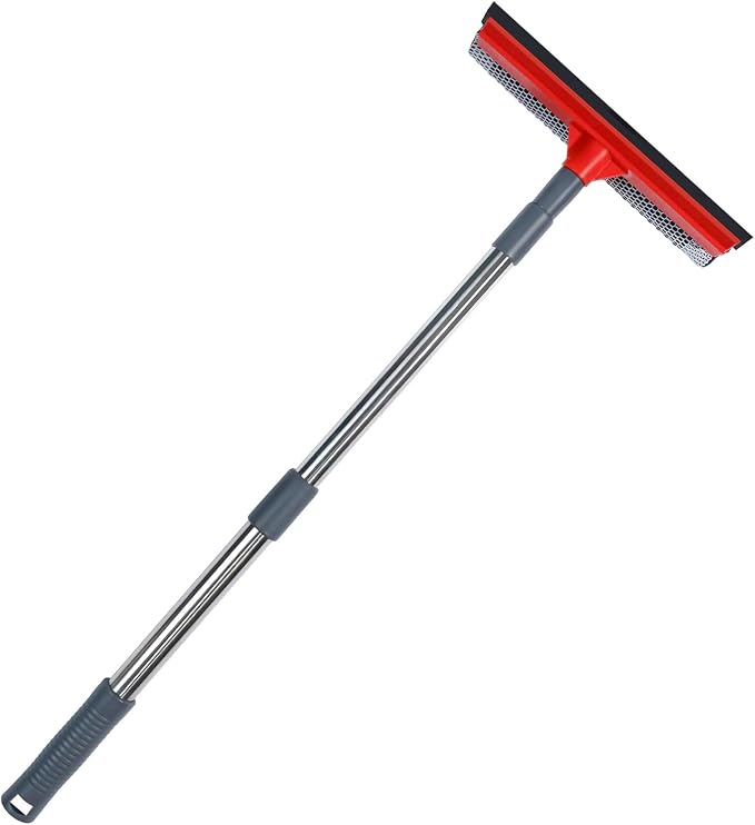 Window Squeegee with 19-37" Long Handle, 2-in-1 Squeegee Cleaner Tool, Retractable Stainless Steel Handle for Car Windshield, Shower Glass, Glass Doors, Outdoor Windows, High Windows