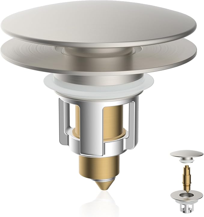 Universal Metal Bathroom Sink Stopper Hair Catcher Strainer, Brushed Nickel | Pop-Up Sink Drain Strainer with Detachable Filter, Drain Plug Fits 1.1"-2.36" US Basin, Large Cover Cap, Brass Bounce Core