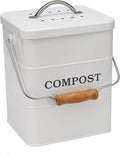 Compost Bin Kitchen Countertop Indoor Compost Pail Bucket, Great for Food Scraps, Carbon Steel, Handles, White, 1 Gallon - Includes Charcoal Filter