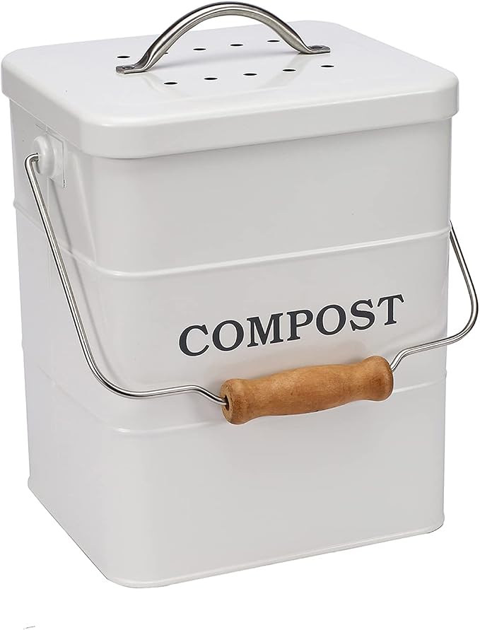 Compost Bin Kitchen Countertop Indoor Compost Pail Bucket, Great for Food Scraps, Carbon Steel, Handles, White, 1 Gallon - Includes Charcoal Filter