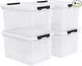 Set of 4 50 L Stackable Plastic Storage Container with Latching Lids and Wheels, Clear Home Garage Organization Bins Box, See-Through