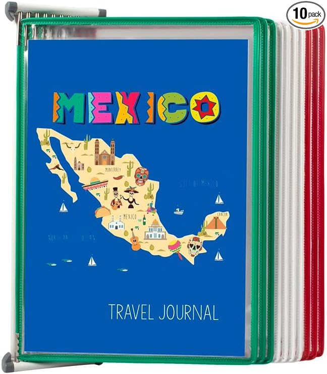 Tarifold Wall Mount Reference System, 10 Pockets, Mexico Colors | 10 double-sided PVC pockets hold 20 letter-size sheets, Mexico color frames, sturdy wall-mount bracket, easy to install