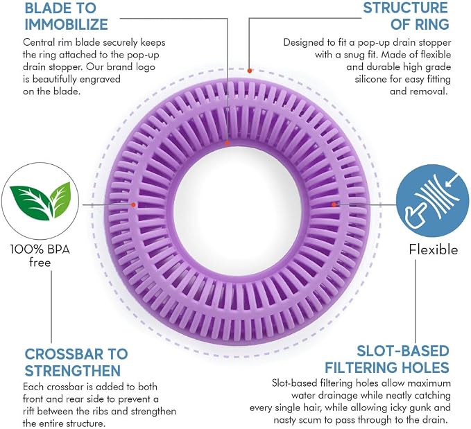 TubRing Pop-Up Drain Protector & Strainer Silicone Hair Catcher, Violet | Easy snap-in design fits around bathtub stoppers. Customizable utility guard for clog prevention. Fits 1.85"- 2.16" drains.