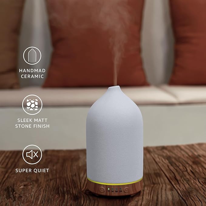 200ML Ceramic Essential Oil Diffuser for Home, Stone Diffuser | Ultrasonic Aromatherapy Diffuser & Air Humidifier for Bedroom, Office, Yoga, 7 LED Lights, Auto Shut-Off, 3 Timers,Wood Grain