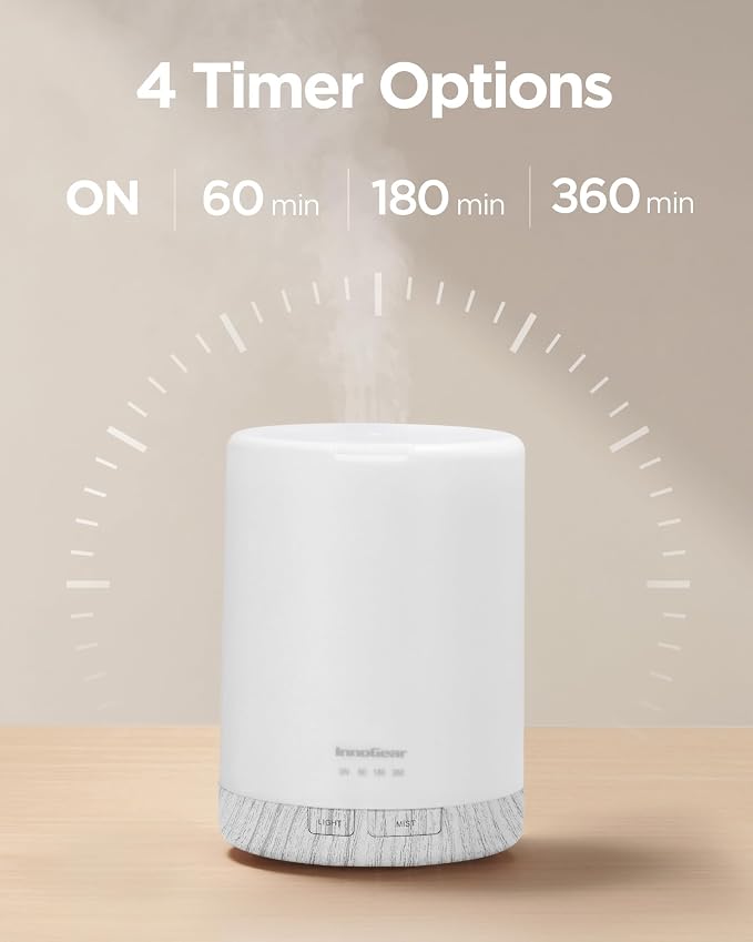 InnoGear 300ml Essential Oil Diffuser for Home Scent Humidifier, White | Aromatherapy, Cool Mist Humidifier, Ultrasonic, Large Room, Run up to 10hrs, Waterless Auto Off, 7 LED Lights, Quiet