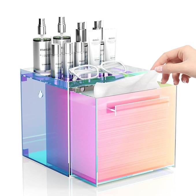 Acrylic Disposable Facial Towels Holder, Wall-Mounted, Rainbow | Premium Thicken Acrylic | Compatible with Clean Skin Club Towel XL | Skin Care Organizer with Drawer | Bathroom Vanity