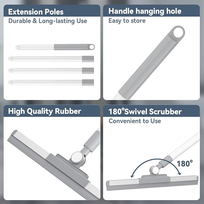 Floor Squeegee with 180° Rotating Head, Squeegee for Floor with 52'' Long Handle, Squeegee Broom, Squeegee for Window Cleaning, Bathroom Tile, Garage Concrete, Deck, Shower Glass (White)