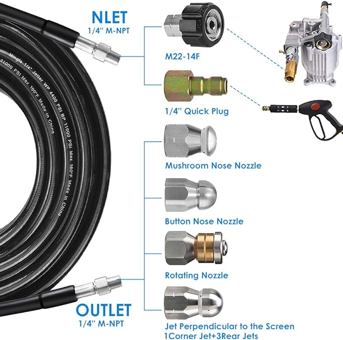 Sewer Jetter Kit for Pressure Washer 150FT, 5800PSI Drain Cleaner Hose 1/4 Inch NPT Corner, Rotating and Button Nose Sewer Jetting Nozzle Pearl Corsage Pin Waterproof Tape with 2 Spanner