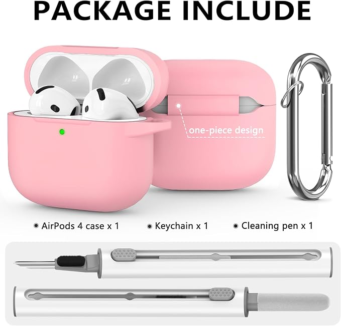 Ljusmicker for AirPods 4 Case 2024 with Cleaner Kit,Soft Silicone Protective Cover for Apple AirPods 4th Generation Cases for Women Men,for AirPod 4 Case Accessories with Keychain-Pink