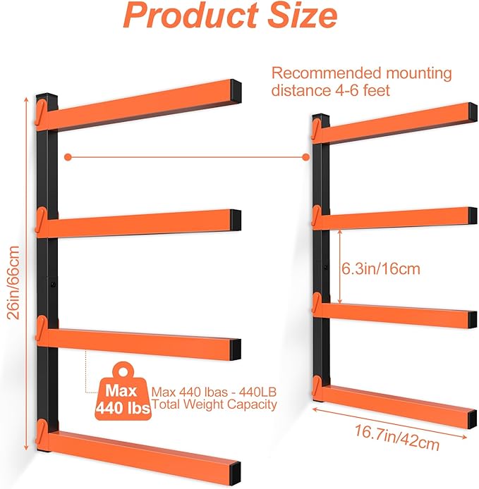 NANANARDOSO Wall Mount Wood Organizer and Lumber Storage,Heavy Duty Metal Shelf with 4-Level,Lumber Metal Racks for Indoor and Outdoor Use,2 Pack