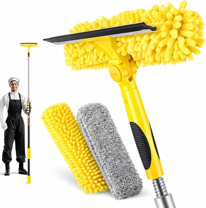 30 Feet High Reach Squeegee Window Cleaner Kit with 5-24Ft Extension Pole | 2 in 1 Window Cleaning Tool w/ 6-Stage Telescopic Pole &Rotatable Head,Window Washing Equipment for Solar Panel,RV,Car Glass
