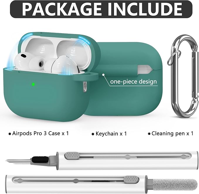 Ljusmicker for AirPods Pro 3 Case 2025 with Cleaner Kit,Magnetic Green | Soft Silicone Protective Cover for Apple AirPod Pro 3rd Generation Case with Keychain for Women Men,Shockproof,Magnetic