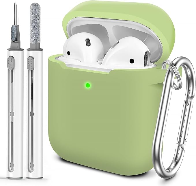 for AirPods Case Cover, Come with Cleaner Kit, Soft Silicone Protective Cover with Buckle, Compatible with Apple AirPods 2nd 1st Generation Charging Case, Front LED Visible, Matcha Green