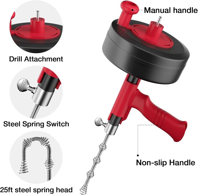 Drain Snake, 25ft Flexible Steel Drain Auger With Drill Adapter, Plumbing Unblocking Hand Auger, Manual Or Powered for Shower & Bathtub Clogs-No auto retract or feed