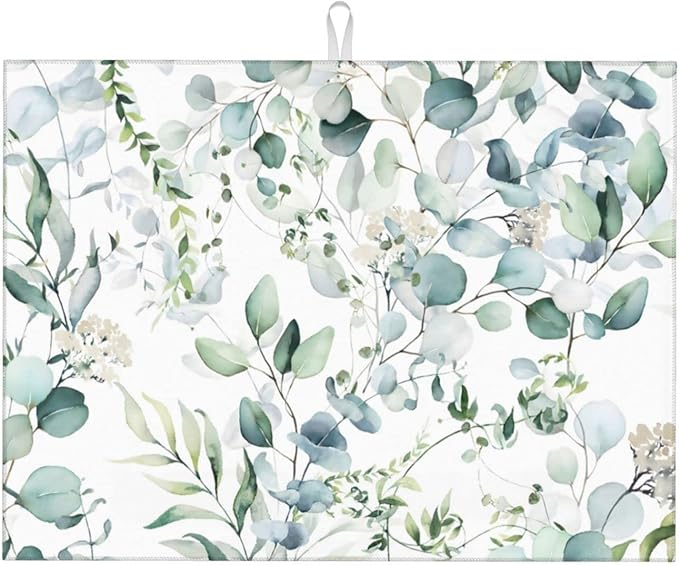 Green Floral Leaf Dish Drying Mat For Kitchen Counter 18 X 24 Inch Absorbent Dish Mat Reversible Drainer Drying Kitchen Mat