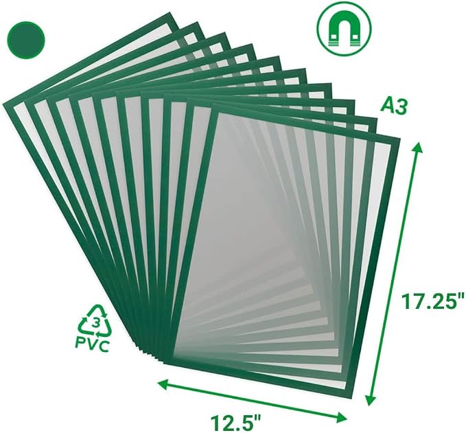 Tarifold Magnetic PRO Display Frames, A3 Size, Green, 10 Pack | 10 magnetic anti-glare PVC frames, A3-size, green border, portrait or landscape, quick document changes