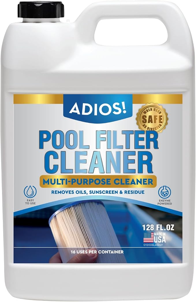 ADIOS! Pool Filter Cleaner, Deep Cleaning Soak Solution for Cartridge, Sand and DE Filters – Degreases and Restores Media - 128oz (Gallon)