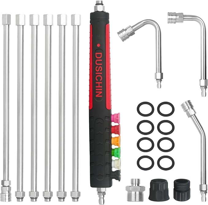 Pressure Washer Extension Wand Gutter Cleaning 8 FT Garden Hose Adapter, Upgarded Soft Handle 6 Nozzle Tips 3 Curved Rod for Gutter, 1/4" M22-14mm Fitting 3/4" GHT Connector DUS2612