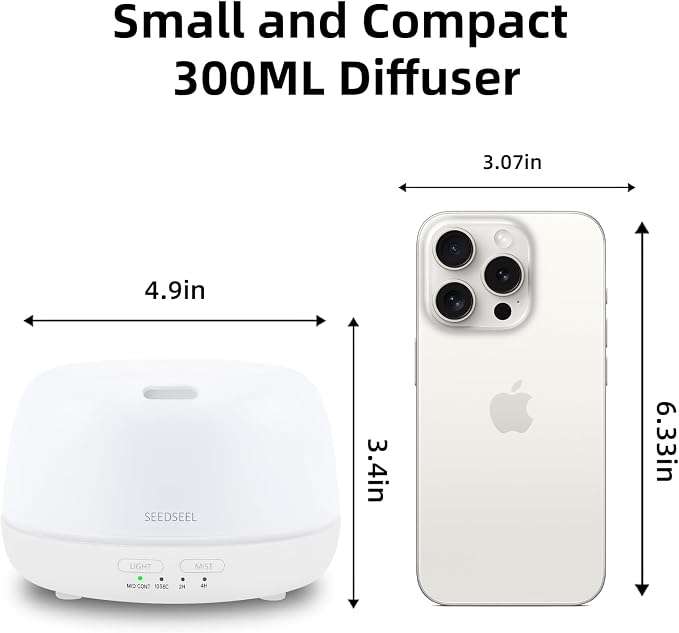SEEDSEEL 300ML Essential Oil Diffuser with Remote Control, Aromatherapy Diffuser with 7-Color Changing LED Light for Small Rooms, Office, and Home