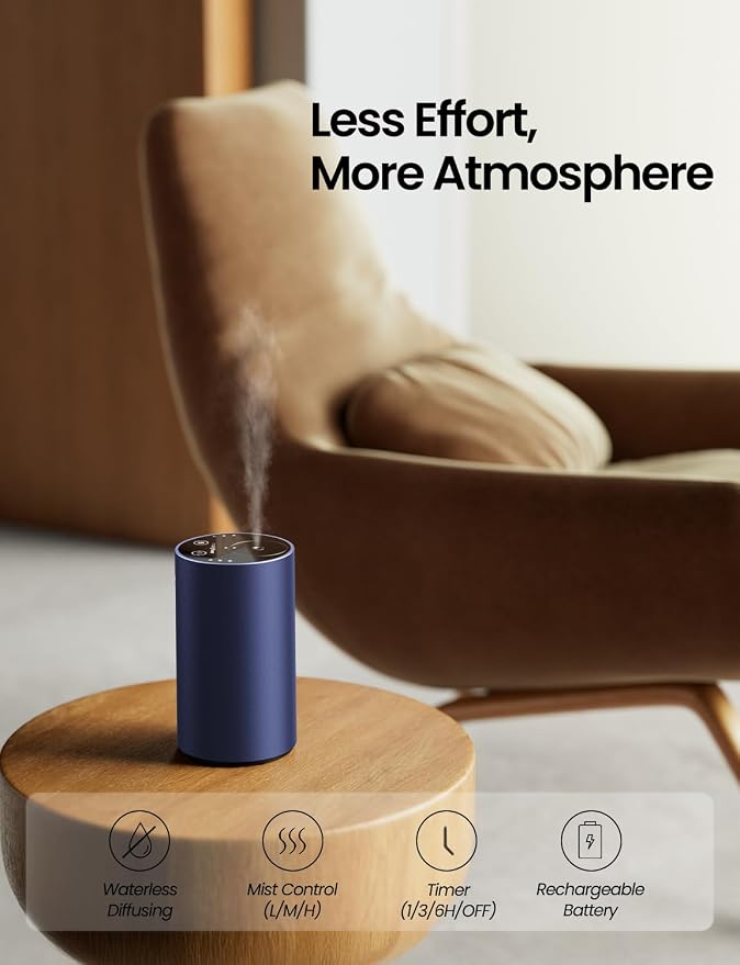 Waterless Essential Oil Diffuser, Rechargeable Car Scent Diffuser, Blue | Premium Aluminum Alloy Housing, Cordless, 3 Mist Levels, Timers, Portable Aromatherapy Diffuser for Home, Car & Office