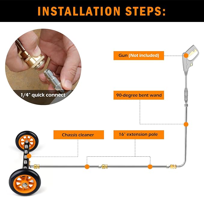 Undercarriage Pressure Washer Attachment with 6 Nozzles, 16" Water Broom | Dual-Function for Pressure Washer Undercarriage Cleaner with 3 Pieces Extension Wand, 4000 PSI, Orange