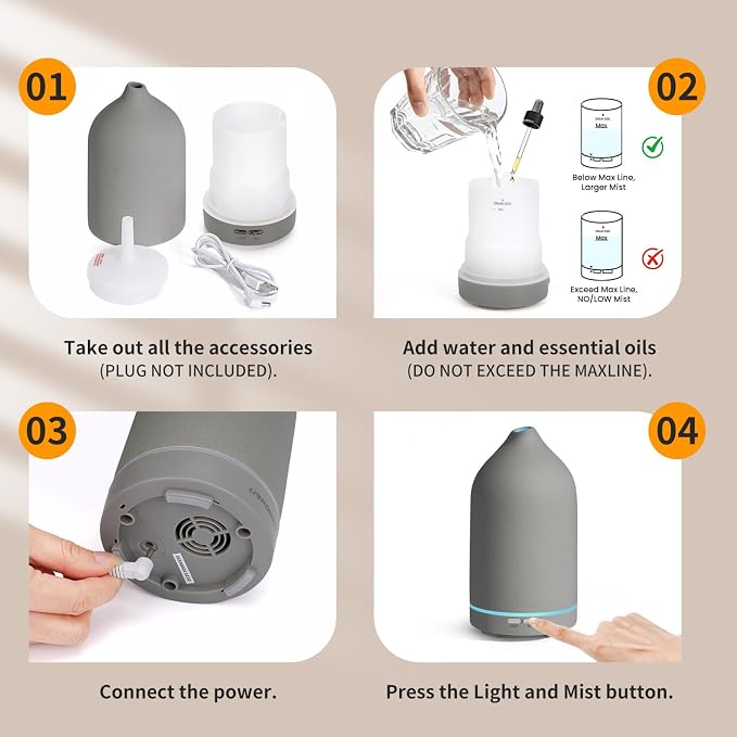 URPOWER 120mL Ceramic Essential Oil Diffuser Diffuser Oil Machine | Elegant Ceramic Finish with Ultrasonic Mist, Adjustable Modes and 7-Color LED Lighting for A Comfortable Home Atmosphere