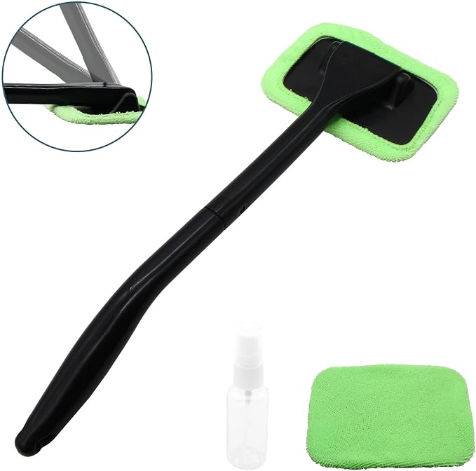 Car Window Cleaner Kit, Green | Windshield Cleaning Tool, Extendable Long Handle, 2 Washable Reusable Microfiber Pads