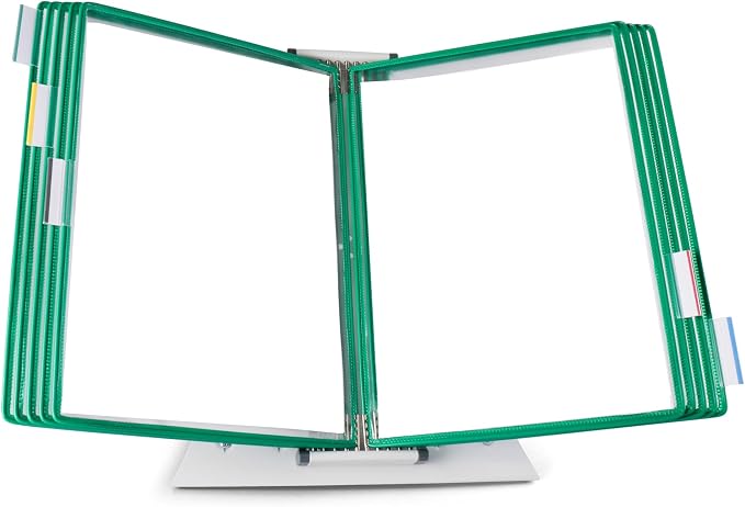 Tarifold Desktop Reference Display System, 10 Pockets, Expandable, Green | 10 double-sided PVC pockets, holds 20 letter-size sheets, sturdy metal base, quick-find indexing, quick and easy to assemble