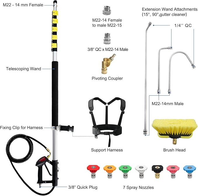 25 FT Pressure Washer Telescoping Wand with Extension Wands | Gutter Cleaner Attachment, 7 Spray Nozzle Tips, 2 Hose Inlet Adapters, Pivoting Coupler and Support Harness