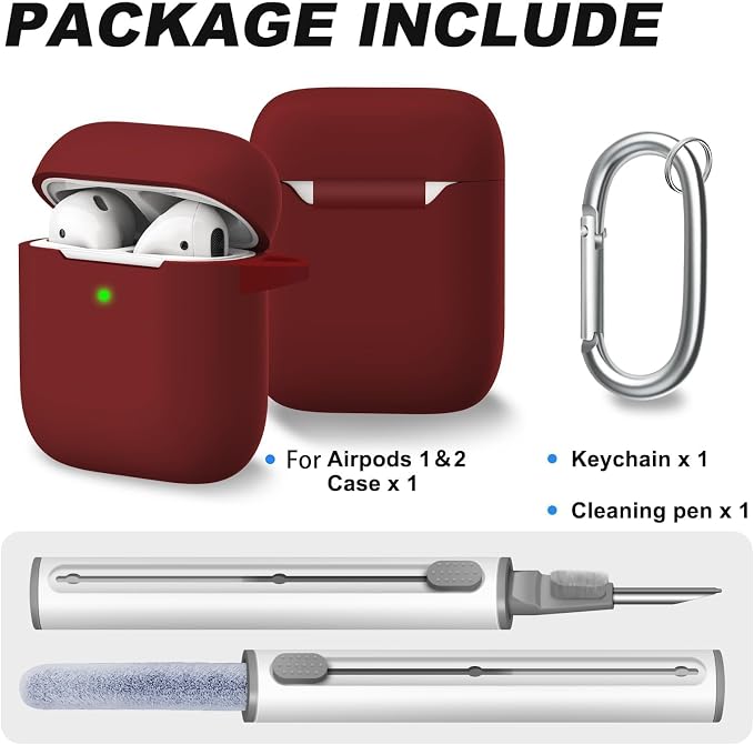 for AirPods 1/2 Case Cover,Come with Cleaner Kit,Soft Skin Silicone Case Cover with Keychain,Full Protective Case for Men and Women,Compatible with AirPods 2nd 1st Generation Case,Wine Red